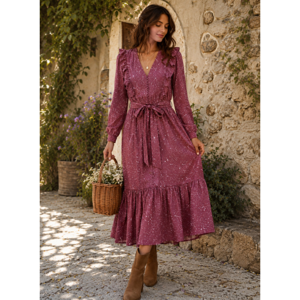 Outerknown Women Mauve Stardust Ruffle Midi Dress Belted Long Sleeve Size M Boho